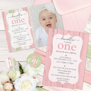 1st Birthday One Sage Green & Pink Wood Classic Round Sticker