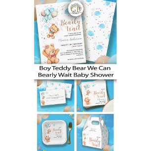Boy Teddy Bear We Can Bearly Wait Baby Shower Classic Round Sticker