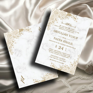 White Marble Floral Lace Islamic Muslim Nikah Wedd Invitation
