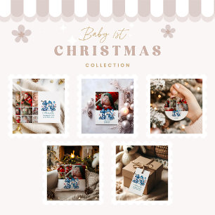 9 Photo Blue Snowman First Christmas Holiday Card