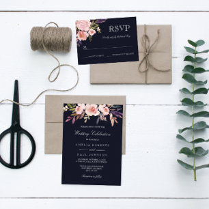 Watercolor Peonies Pink Navy Wedding Invitation