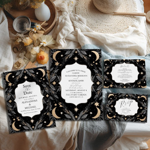 Vintage Botanical Celestial Moon Stars Wedding Invitation