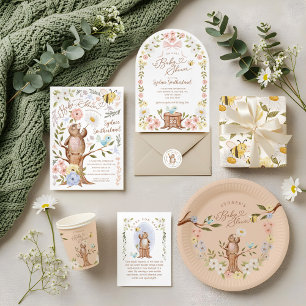 Cute Knitted Floral Woodland Bear Baby Boy Shower Invitation