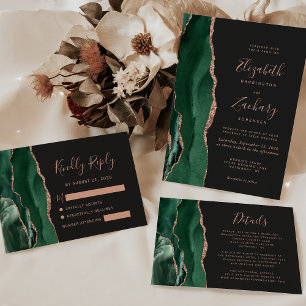 Chic Emerald Green Rose Gold Agate Dark Wedding Invitation