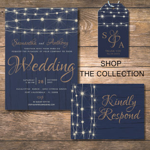  Rustic Navy Blue Wood & String Lights Wedding Invitation