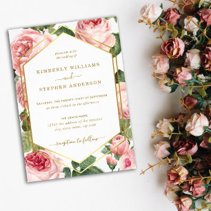 Floral Pink Roses with Gold Diamond Frame Wedding Invitation