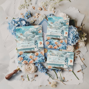 Pastel Coastal Lighthouse Ocean Wedding Thank You Card