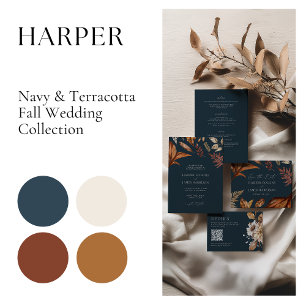 Elegant Navy Terracotta Floral Boho Fall Wedding Invitation