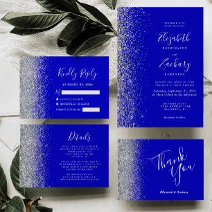 Modern Royal Blue Silver Glitter Edge Wedding Invitation
