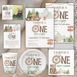 One Happy Camper Bear Watercolor 1st Birthday  Invitation