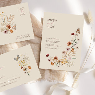 Boho Brown Wildflowers and Butterflies Wedding Save The Date