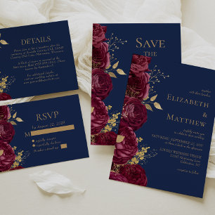 Elegant Burgundy Floral Gold Navy Blue Wedding RSVP Card