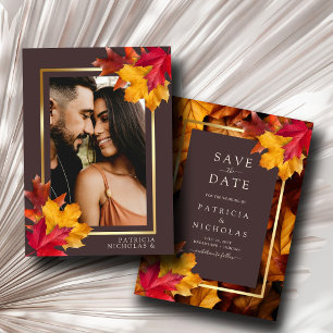 Autumn Woody Brown & Elegant Golden Frame Wedding Invitation