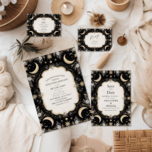 Botanical Vintage Celestial Moon Stars Wedding All In One Invitation