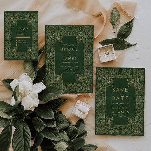 Vintage Book Green Gold Wedding Save the Date Invitation