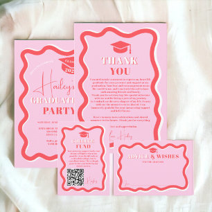 Retro pink curve squiggle wavy photo graduation thank you card