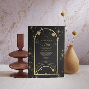 Mystical Black Gold Celestial Stars Wedding  RSVP Card