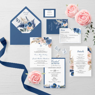 Boho pastel blue & blush chic floral Wedding Invitation