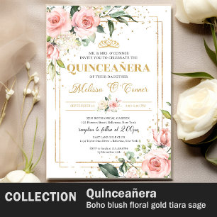 Boho Blush pink floral gold tiara sage Quinceanera Tapestry