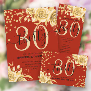 Glam Gold Red Floral Glitter 30th Birthday Script Invitation