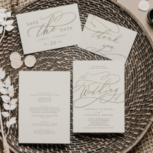 Romantic Gold Calligraphy Ivory All In One Wedding Invitation