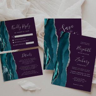 Teal Silver Agate Purple Wedding Invitation
