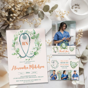 Boho Green 3 Photo Watercolor Nursing School Gradu Announcement