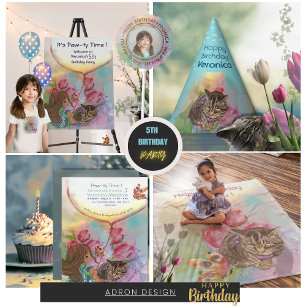Cute Kitten Girl tulips Birthday  Invitation