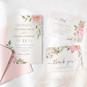 Pink Watercolor Floral Peonies Elegant Wedding Invitation