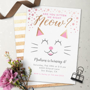 Kitty Cat Pink Gold Birthday Party Photo Invitation