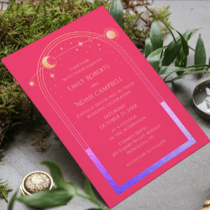 Mystical Chic Fuchsia Pink Star Moon Photo Space Save The Date