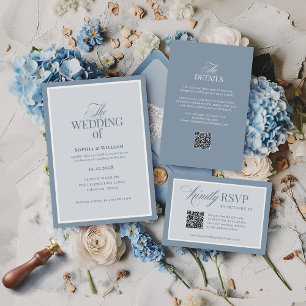 Classic Luxe   Elegant Dusty Blue QR Code Wedding RSVP Card