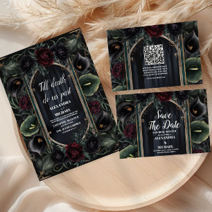 Photo Black Roses Floral Gothic Halloween Wedding Thank You Card