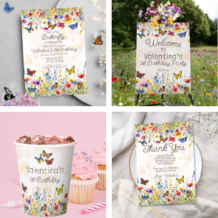 Colourful Little Wildflower Butterflies Birthday Invitation