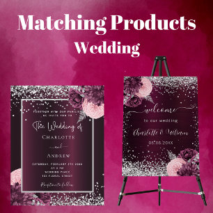 Burgundy silver floral elegant wedding invitation postcard