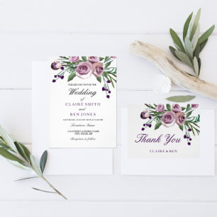 Purple Rose Silver Wedding Reception details Invitation