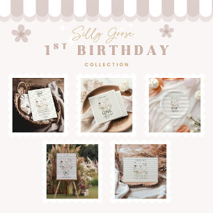 Silly Goose 1st Birthday Green Stripes  Invitation