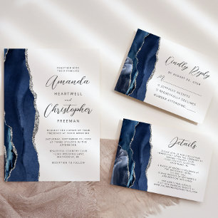 Agate Navy Blue Silver Modern Script Wedding Save The Date