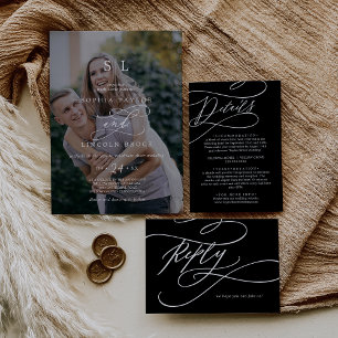 Romantic Calligraphy Dark Photo Monogram Wedding Invitation