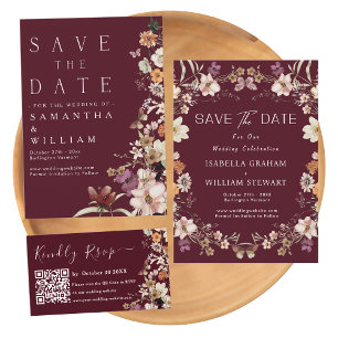 Rustic Wildflower Burgundy Boho Save The Date Invitation