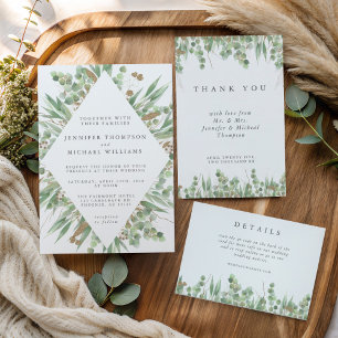 Eucalyptus Green Watercolor & Gold Wedding Invitation