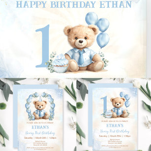 Teddy Bear 1st Birthday Blue Balloons Invitation