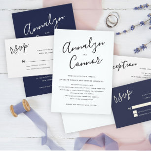 Navy Minimalist Script   Modern Elegant Wedding Invitation