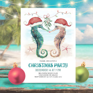 Seahorse Santa Mistletoe Kiss Coastal Christmas Holiday Card