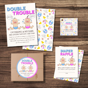 Double Trouble Twin Boy & Girl Baby Shower Classic Round Sticker