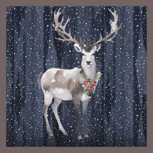 Rustic Blue Snowy Reindeer Christmas family photo Holiday Card