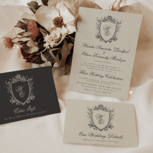 Classic Monogram Beige Formal Floral Crest Wedding Invitation