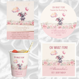 Cute Pink Baby Girl Elephant 1st Birthday Party Paper Cups