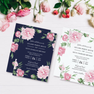 Budget Floral Pink Peony Botanical Navy Invitation