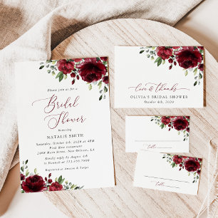 Burgundy Flowers, Red Flowers, Boho, Bridal Shower Place Card